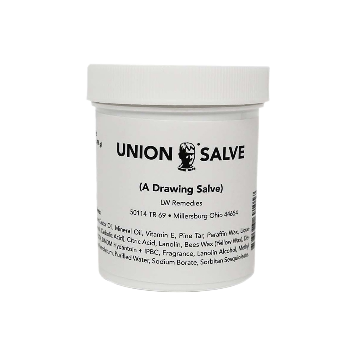 White plastic jar of Union Salve with black text label, featuring a natural remedy made in USA, popular in Health & Wellness, Health Remedies, and Best Sellers collections.