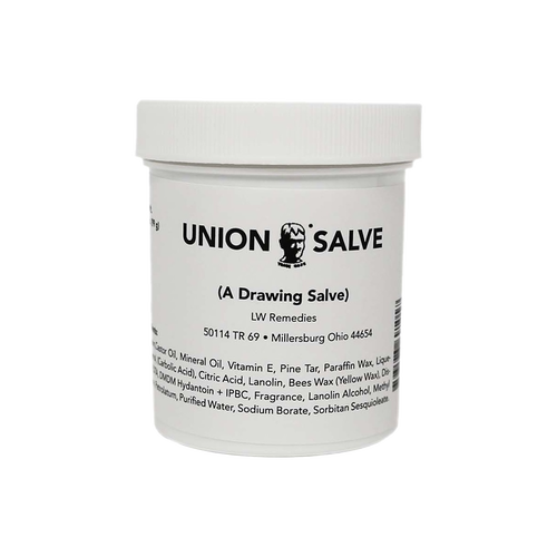 White plastic jar of Union Salve with black text label, featuring a natural remedy made in USA, popular in Health & Wellness, Health Remedies, and Best Sellers collections.