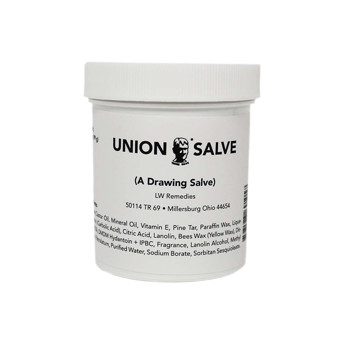 White plastic jar of Union Salve with black text label, featuring a natural remedy made in USA, popular in Health & Wellness, Health Remedies, and Best Sellers collections.