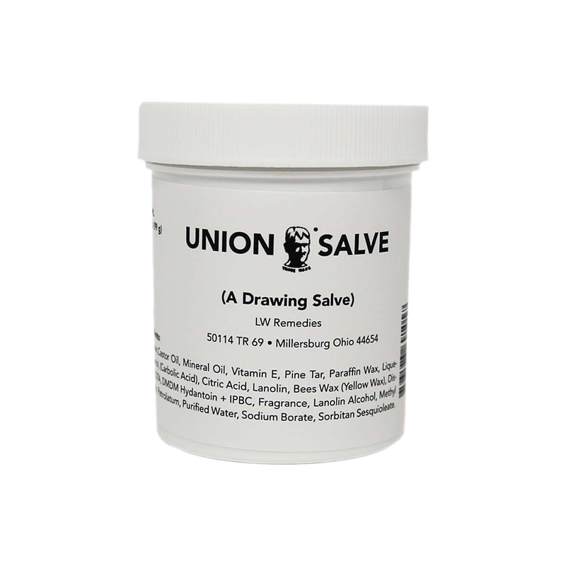 White plastic jar of Union Salve with black text label, featuring a natural remedy made in USA, popular in Health & Wellness, Health Remedies, and Best Sellers collections.