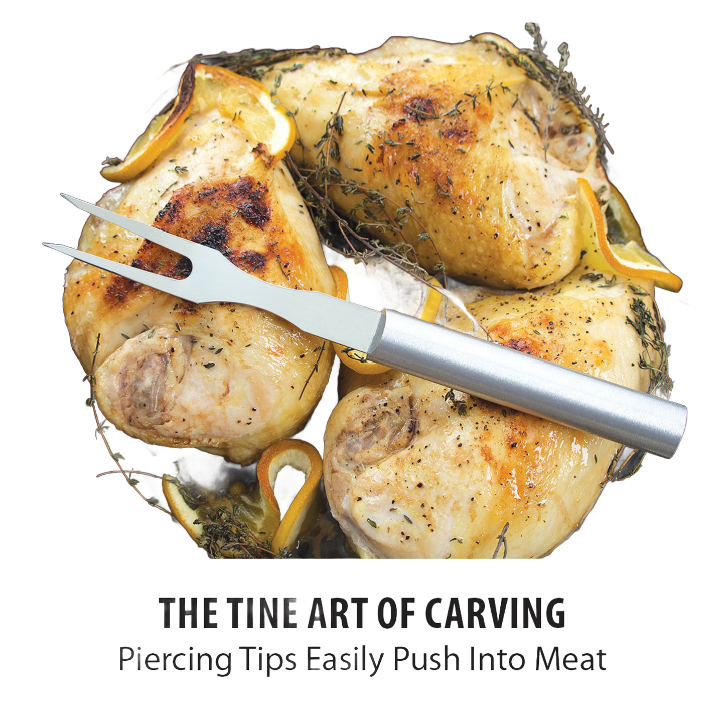 Stainless steel carving fork with long tines resting on golden roasted chicken pieces garnished with lemon wedges and fresh herbs, ideal for Kitchen & Food, Storage and Serving, USA Made, Best Sellers, and Promo Eligible collections.