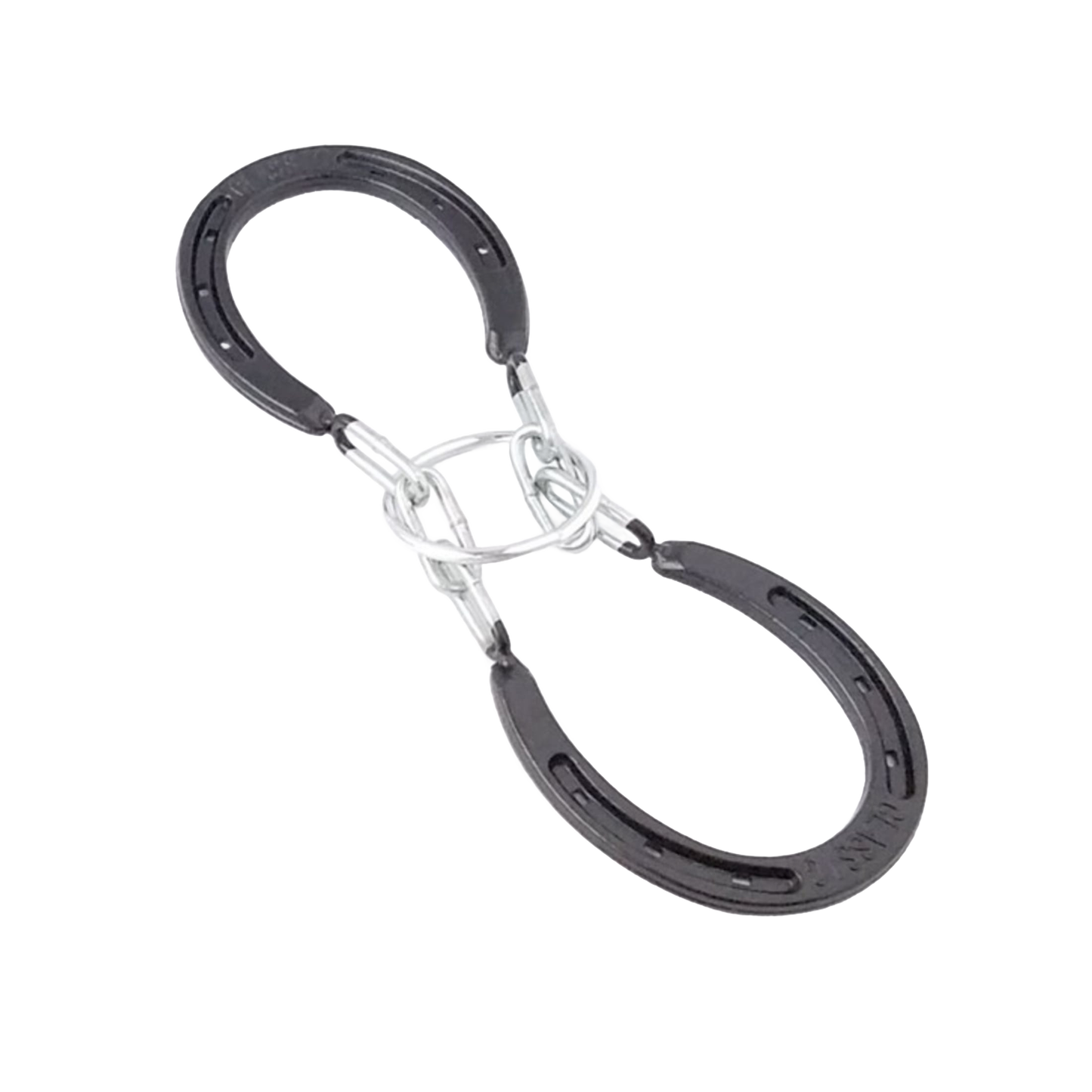 Two black mild steel horseshoes linked by metal chains forming a challenging, handcrafted brain teaser puzzle, ideal for Toys, Books & Games and USA Made collections.