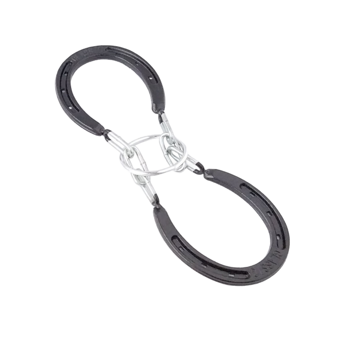Two black mild steel horseshoes linked by metal chains forming a challenging, handcrafted brain teaser puzzle, ideal for Toys, Books & Games and USA Made collections.