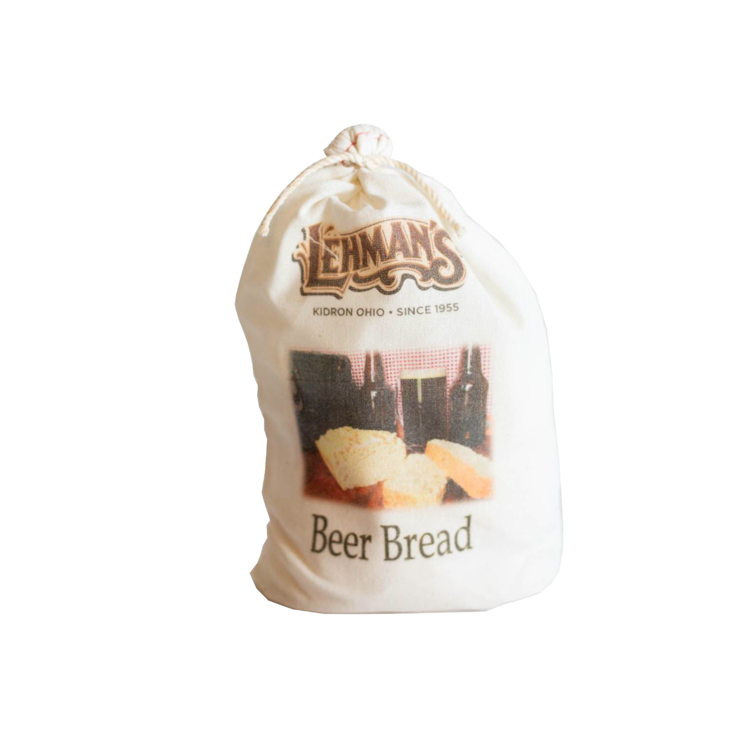 Soft fabric drawstring bag featuring handcrafted Amish-style beer bread mix with rustic branding, ideal for Kitchen & Food, Pantry, Dry Goods and Mixes, Best Sellers collections.
