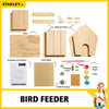 DIY bird feeder kit featuring unfinished wooden parts, nails, screws, hinges, paint, brush, sandpaper, and instructions, designed for children's arts and crafts projects in Toys and Animal Care collections.