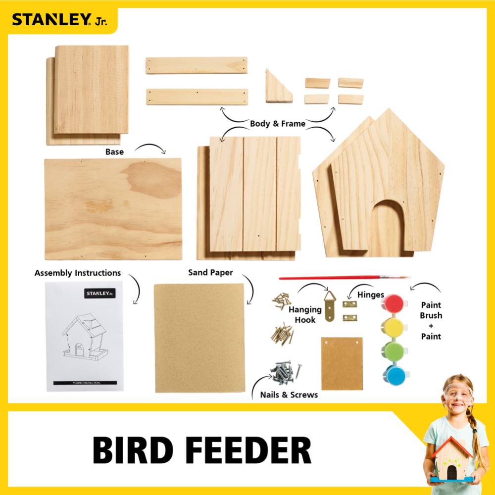 DIY bird feeder kit featuring unfinished wooden parts, nails, screws, hinges, paint, brush, sandpaper, and instructions, designed for children's arts and crafts projects in Toys and Animal Care collections.
