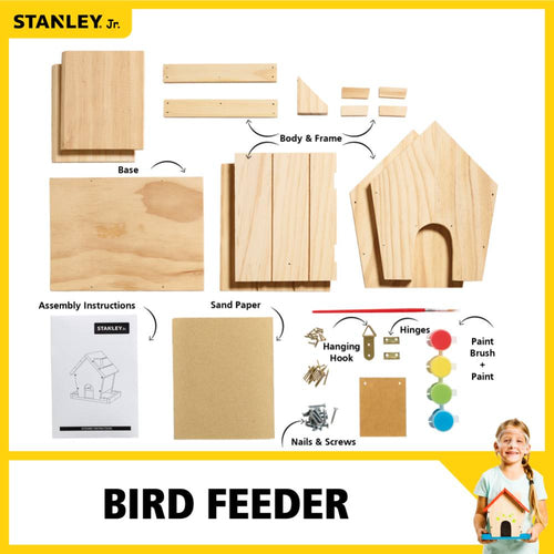 DIY bird feeder kit featuring unfinished wooden parts, nails, screws, hinges, paint, brush, sandpaper, and instructions, designed for children's arts and crafts projects in Toys and Animal Care collections.