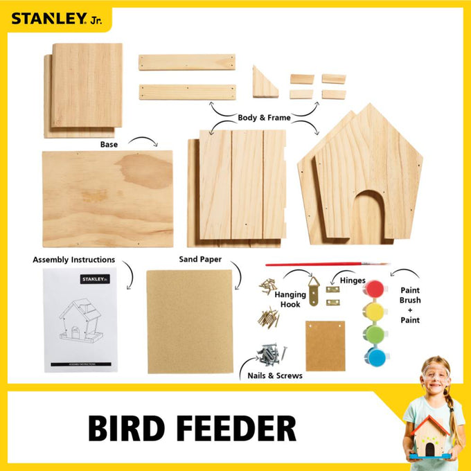 DIY bird feeder kit featuring unfinished wooden parts, nails, screws, hinges, paint, brush, sandpaper, and instructions, designed for children's arts and crafts projects in Toys and Animal Care collections.