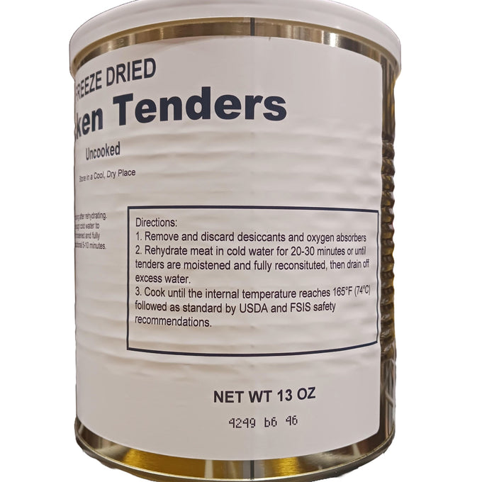 Metal can of freeze-dried chicken tenders featuring cooking instructions on a white label, designed for long-term food storage in Kitchen & Food, Freeze Dried, USA Made, and Best Sellers collections.