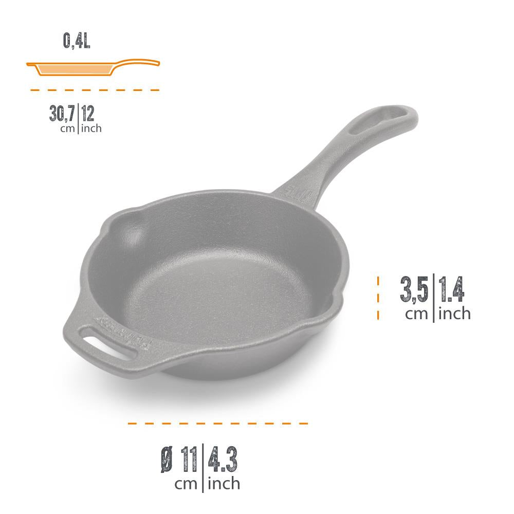 Gray cast iron skillet with a long handle and helper grip, featuring a 0.4L capacity and compact design, perfect for cooking at home or outdoors in Farm, Garden & Tool, Camping, and Cookware collections.
