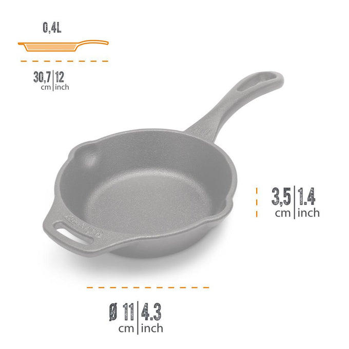Gray cast iron skillet with a long handle and helper grip, featuring a 0.4L capacity and compact design, perfect for cooking at home or outdoors in Farm, Garden & Tool, Camping, and Cookware collections.