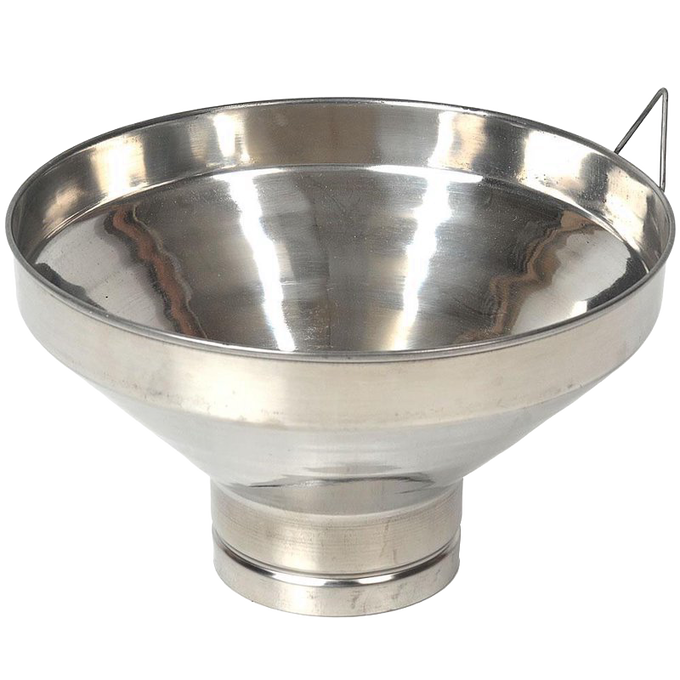 Large stainless steel milk strainer with wide funnel shape and locking handle, crafted for durability and farmhouse use, featured in Farm, Garden & Tool, Animal Care, Best Sellers, and Promo Eligible collections.