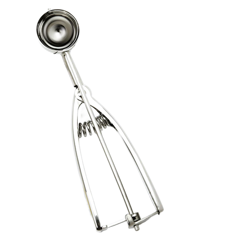 Handcrafted metal scoop with spring release mechanism designed for uniform, mess-free scooping, ideal for Kitchen & Food, Cookware, Baking Supplies, Kitchen Gadgets, Cooking and Baking Helpers, and Best Sellers collections.