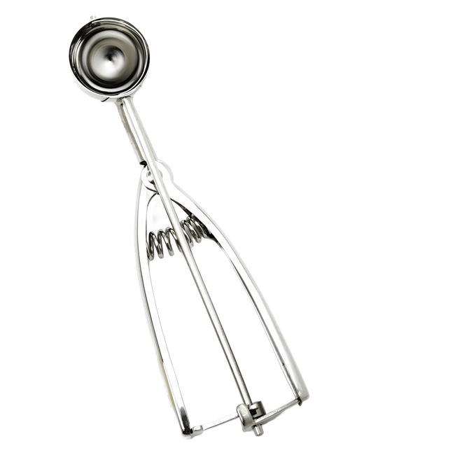 Handcrafted metal scoop with spring release mechanism designed for uniform, mess-free scooping, ideal for Kitchen & Food, Cookware, Baking Supplies, Kitchen Gadgets, Cooking and Baking Helpers, and Best Sellers collections.