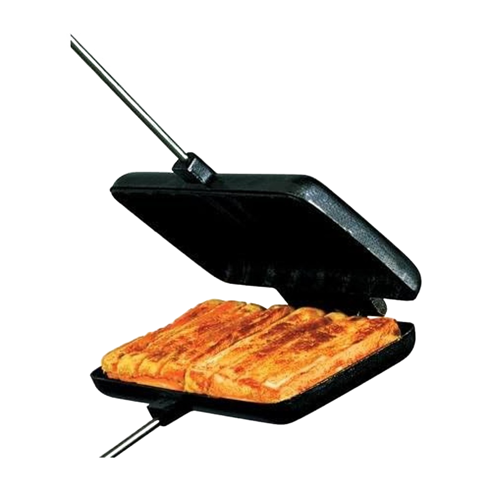 Double-compartment cast iron pie iron with removable handles and hinged design for easy cleaning, crafted for Farm, Garden & Tool, Camping, and Best Sellers collections.