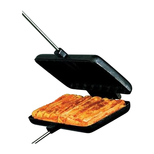 Double-compartment cast iron pie iron with removable handles and hinged design for easy cleaning, crafted for Farm, Garden & Tool, Camping, and Best Sellers collections.