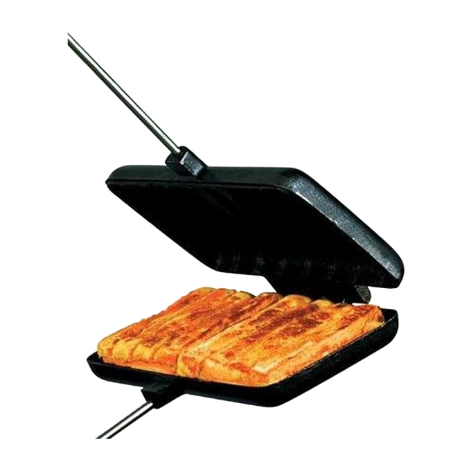 Double-compartment cast iron pie iron with removable handles and hinged design for easy cleaning, crafted for Farm, Garden & Tool, Camping, and Best Sellers collections.