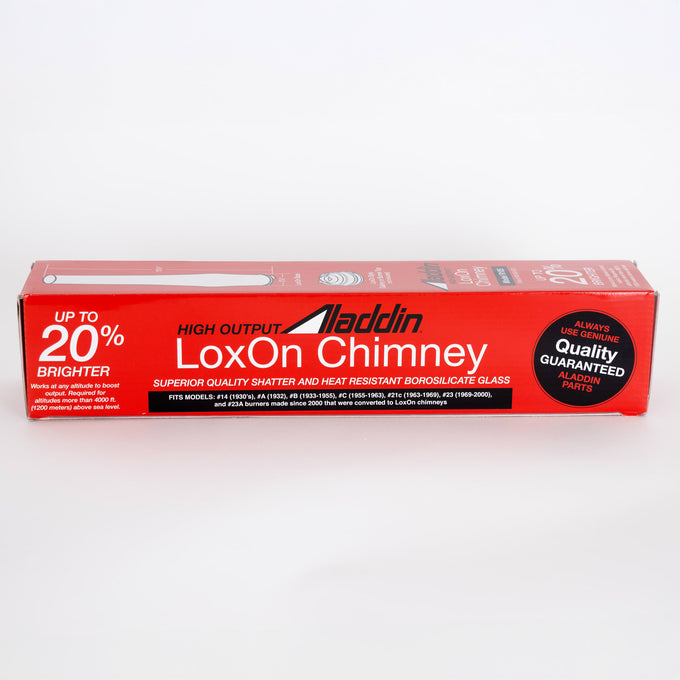 Red rectangular packaging for a high output chimney featuring up to 20% increased brightness, crafted from shatter and heat resistant borosilicate glass, part of Lamps & Lighting, Parts and Accessories, Chimneys and Globes, Best Sellers, and Promo Eligible collections.