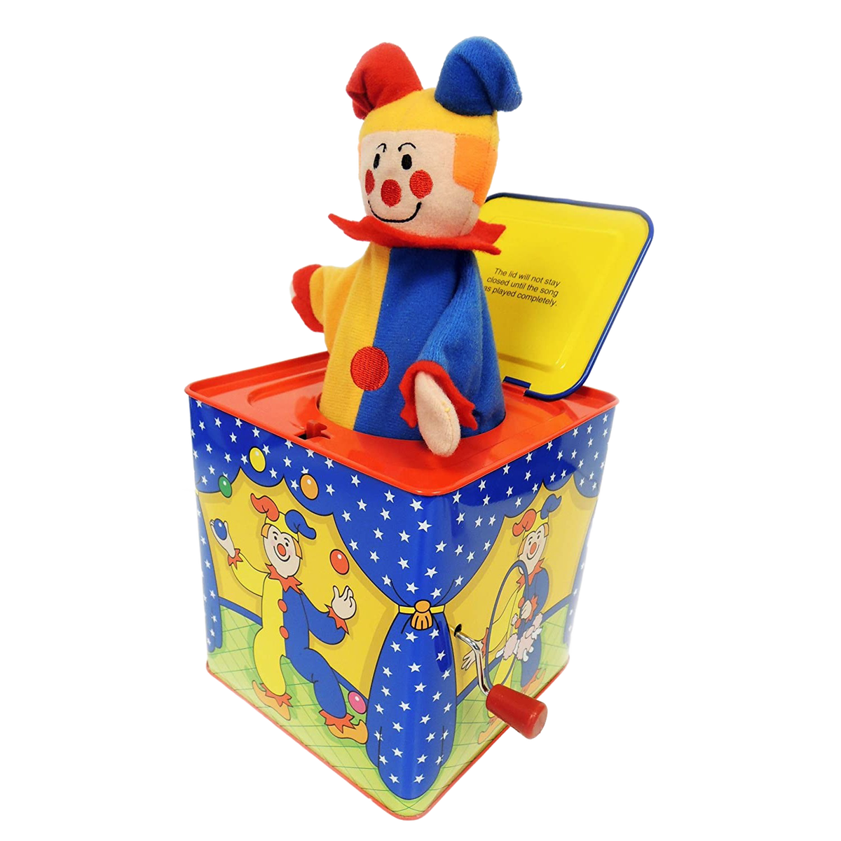 Handcrafted musical jack-in-the-box with a brightly colored jester that pops up when wound, featuring classic tin box design and cheerful clown illustrations, perfect for indoor play and children's toys collections.
