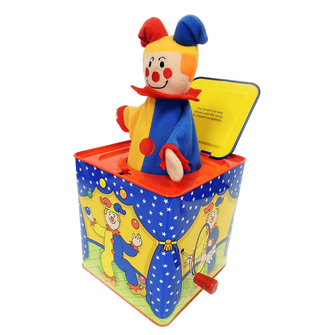 Handcrafted musical jack-in-the-box with a brightly colored jester that pops up when wound, featuring classic tin box design and cheerful clown illustrations, perfect for indoor play and children's toys collections.