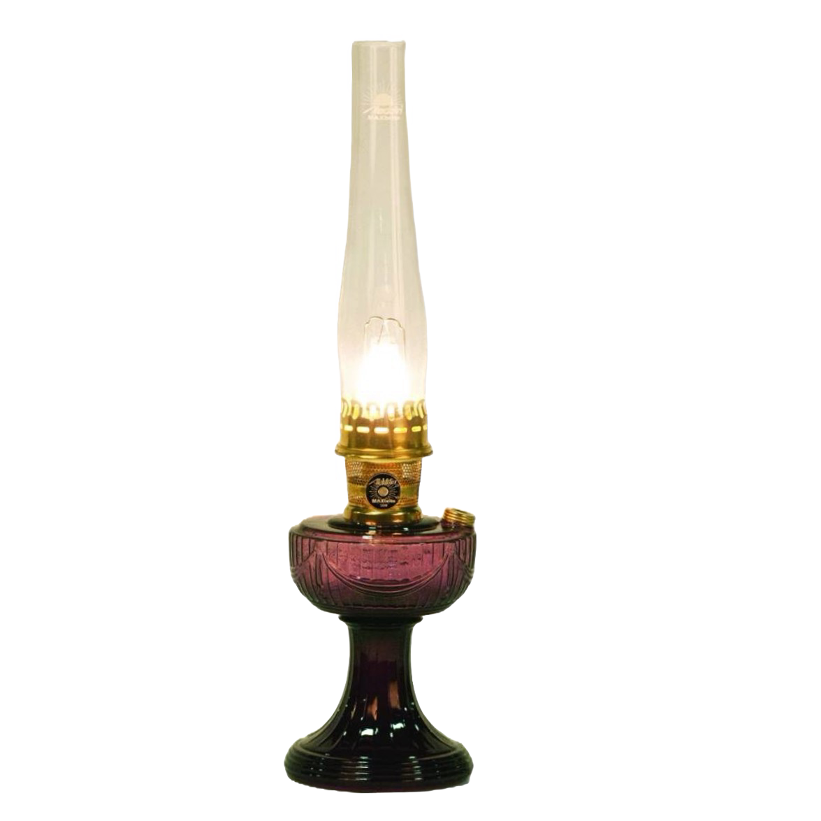 Lit handcrafted oil lamp featuring a purple glass Lincoln Drape base, clear tall chimney, and brass burner, ideal for Farm, Garden & Tool, Lamps & Lighting, Oil Lamps, and Homesteading collections.