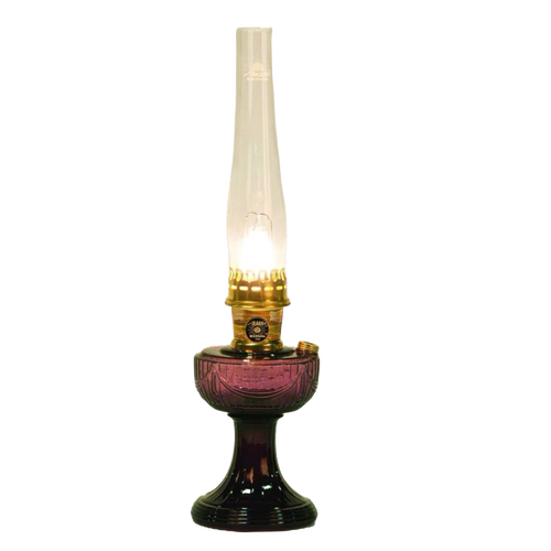 Lit handcrafted oil lamp featuring a purple glass Lincoln Drape base, clear tall chimney, and brass burner, ideal for Farm, Garden & Tool, Lamps & Lighting, Oil Lamps, and Homesteading collections.