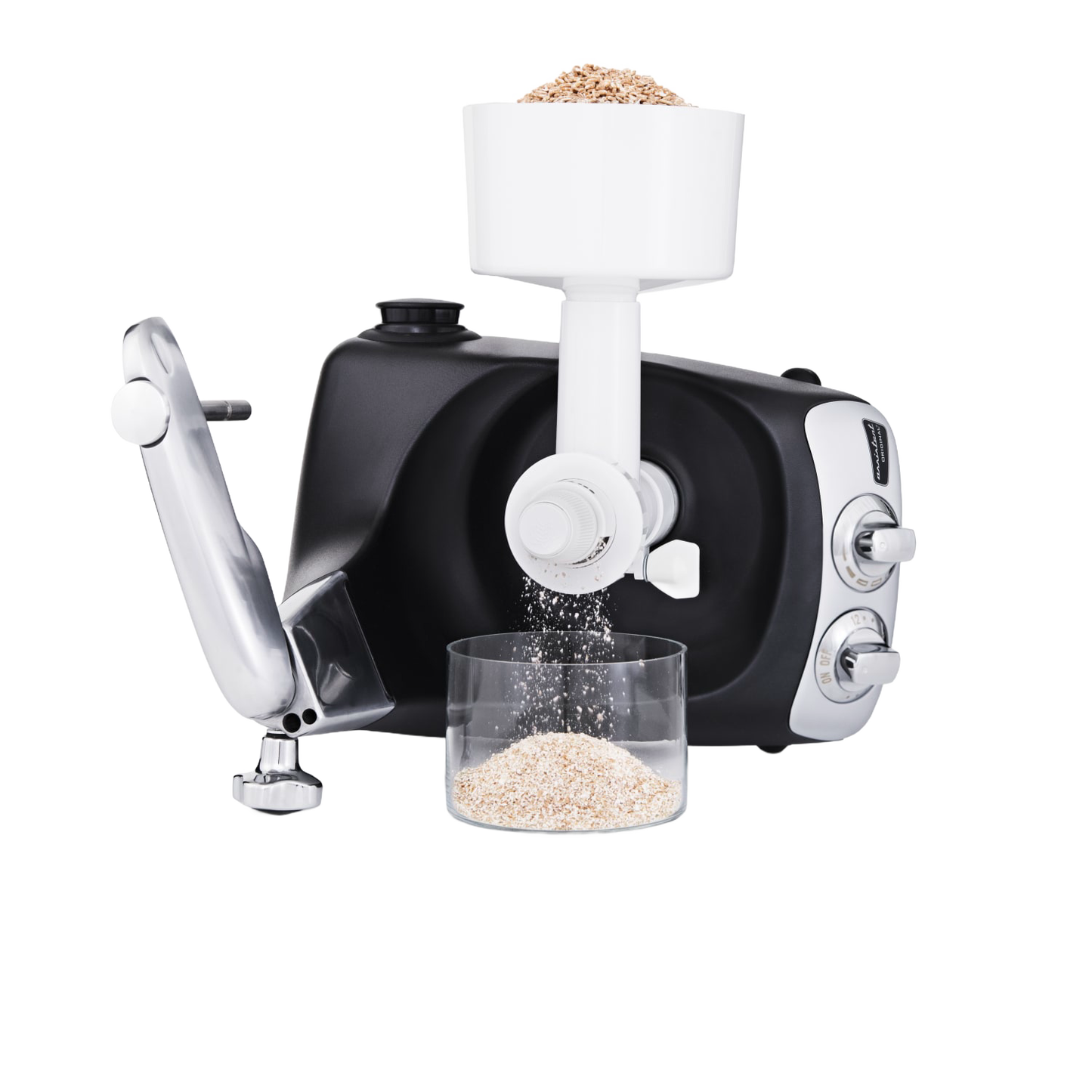 Black stand mixer with white grain mill attachment grinding fresh oats into a clear container on a clean surface, ideal for Kitchen & Food, Baking Supplies, Grain Mills, and Cooking Helpers collections.