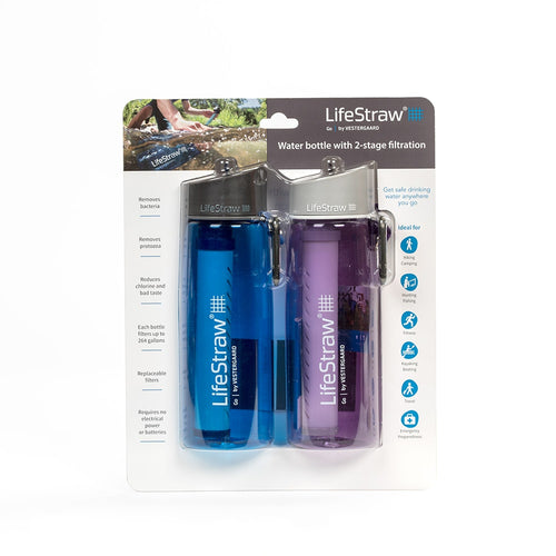 Set of two portable blue and purple water bottles with 2-stage filtration system, designed for safe drinking water during camping, emergency supplies, farm, garden, and outdoor use.