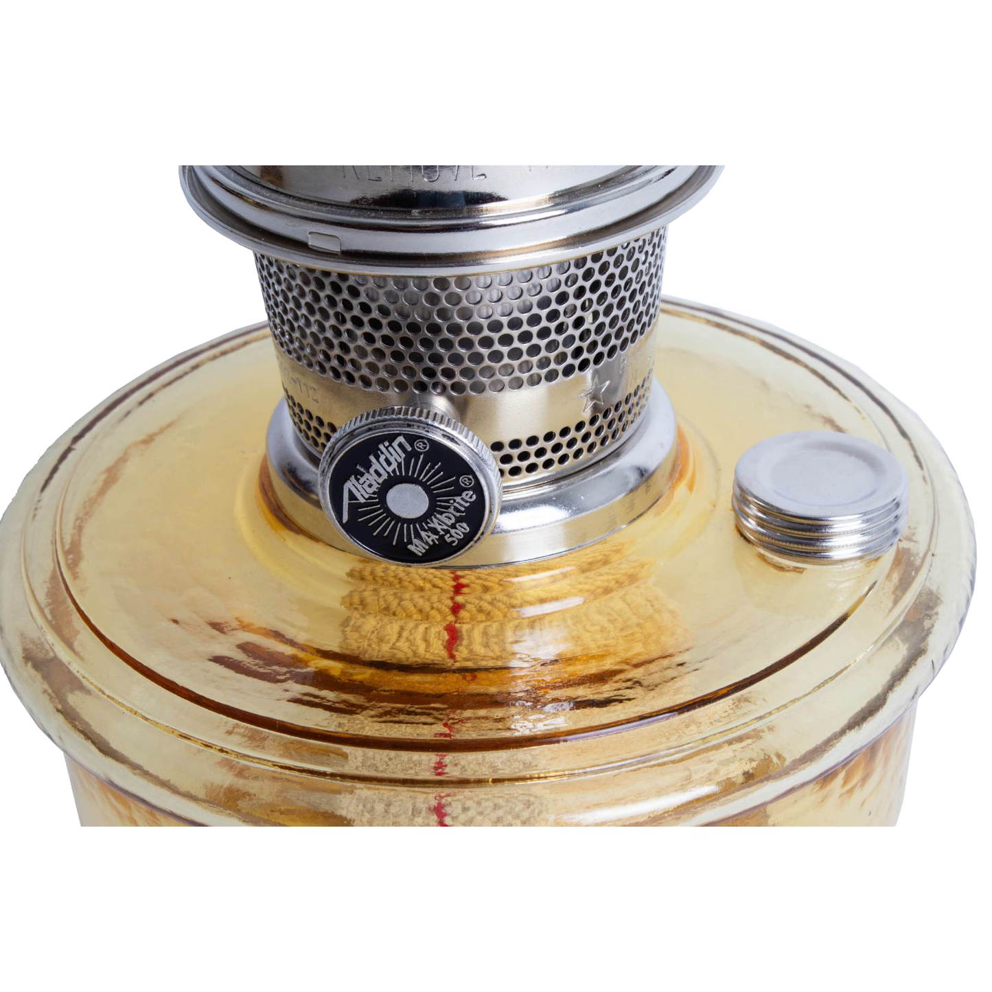 Close-up of handcrafted amber glass oil lamp burner with metal wick adjustment knob and polished silver cap, ideal for Farm, Garden & Tool, Lamps & Lighting, Emergency Supplies, and Wall Lamps collections.