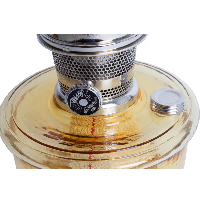 Close-up of handcrafted amber glass oil lamp burner with metal wick adjustment knob and polished silver cap, ideal for Farm, Garden & Tool, Lamps & Lighting, Emergency Supplies, and Wall Lamps collections.