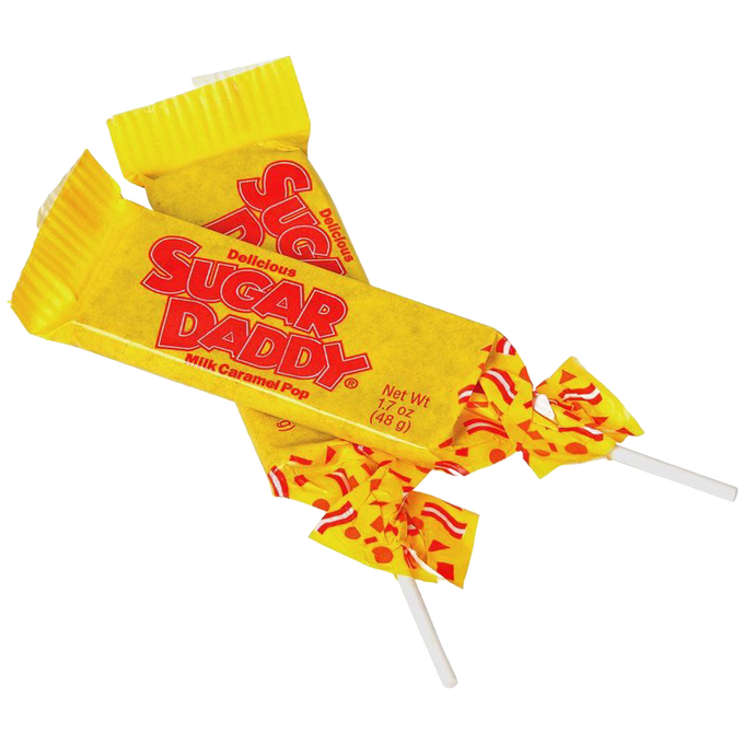 Two classic yellow-wrapped milk caramel lollipops with red lettering and white sticks, a nostalgic treat in the Snacks and Sweets, Candy, USA Made, and Best Sellers collections.