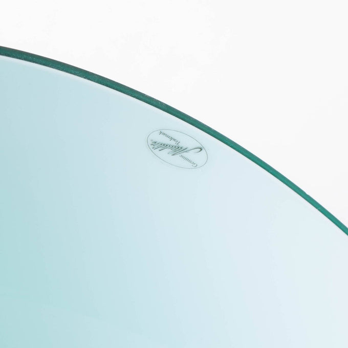 Close-up of a smooth, light blue glass lamp shade edge with an etched handcrafted signature, featured in Lamps & Lighting, Parts and Accessories, and Lamp Shades collections.
