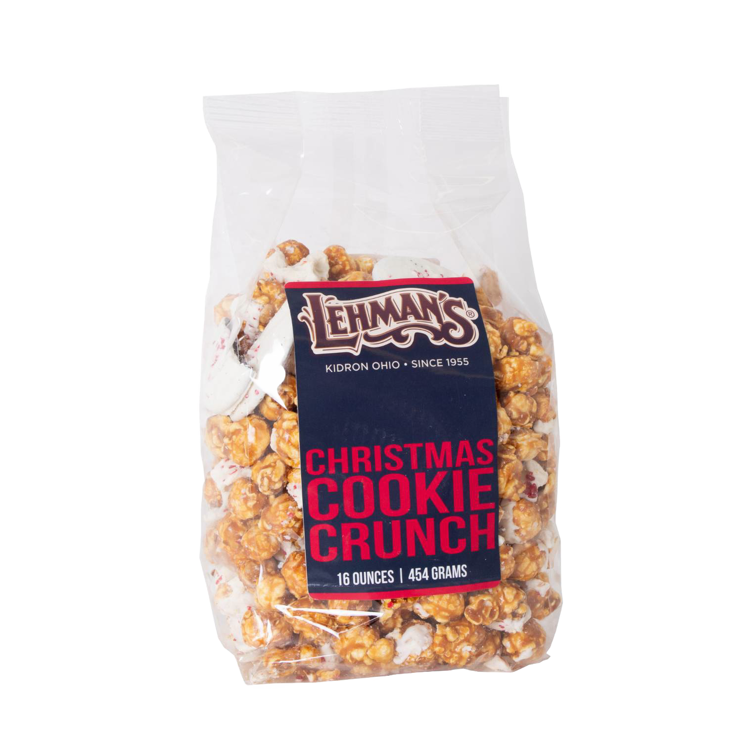 Clear bag of handcrafted caramel popcorn blended with festive cookie pieces and holiday flavors, perfect for Kitchen & Food, Snacks and Sweets, Popcorn, Best Sellers, and Promo Eligible collections.