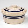 Classic covered casserole dish in natural stoneware with blue stripe accents, made in USA, ideal for Kitchen & Food, Cookware, Baking Supplies, Holiday Hosting, Storage and Serving, and Best Sellers collections.