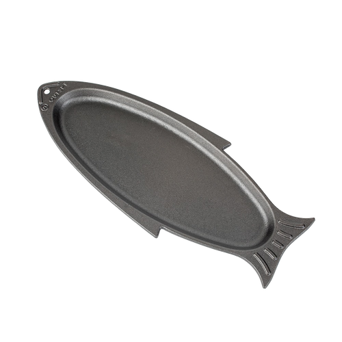Handcrafted cast iron fish grill pan shaped like a fish, designed to sear whole small fish or filets up to 12", perfect for Kitchen & Food, Cast Iron, Grilling, and Best Sellers collections.