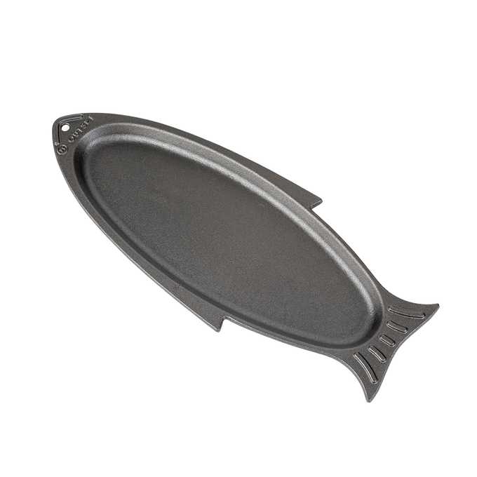 Handcrafted cast iron fish grill pan shaped like a fish, designed to sear whole small fish or filets up to 12", perfect for Kitchen & Food, Cast Iron, Grilling, and Best Sellers collections.
