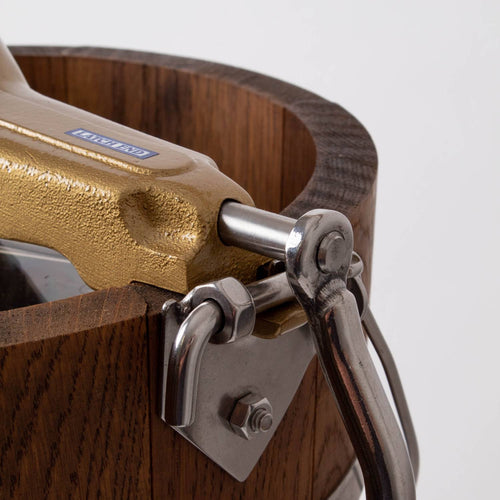 Close-up of a handcrafted wooden ice cream freezer bucket with a polished metal crank handle and sturdy metal hardware, part of Kitchen & Food, Specialty Equipment, Making Ice Cream, USA Made, and Best Sellers collections.