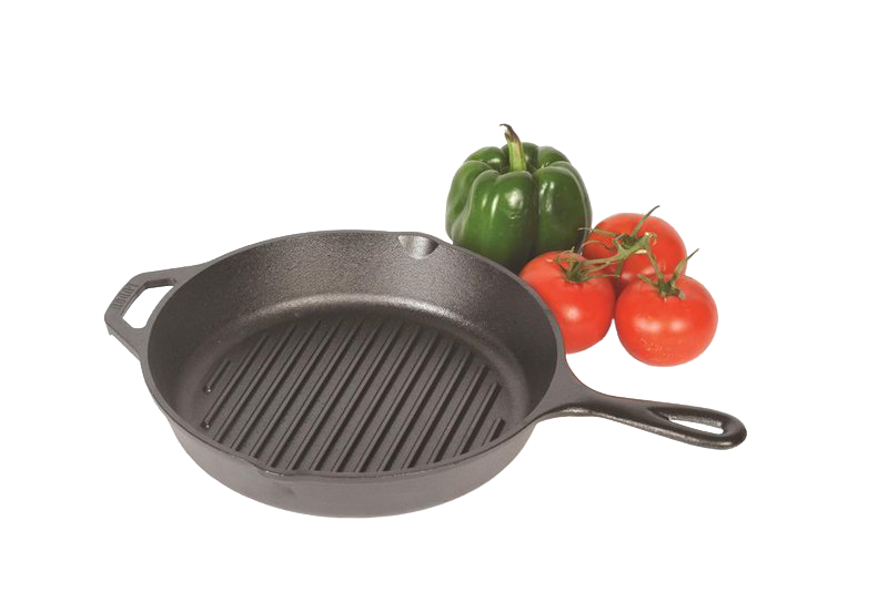Handcrafted cast iron grill pan featuring raised ribs for fat drainage, assist handle, made in USA, perfect for Kitchen & Food, Cookware, Cast Iron, USA Made, Best Sellers, and Promo Eligible collections.