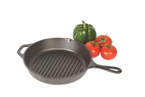 Handcrafted cast iron grill pan featuring raised ribs for fat drainage, assist handle, made in USA, perfect for Kitchen & Food, Cookware, Cast Iron, USA Made, Best Sellers, and Promo Eligible collections.