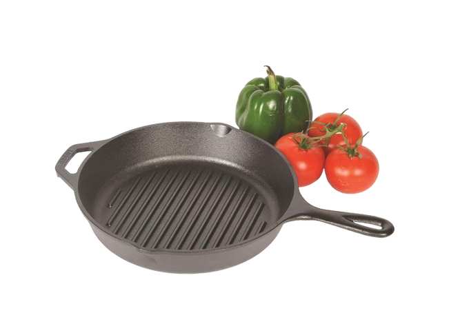 Handcrafted cast iron grill pan featuring raised ribs for fat drainage, assist handle, made in USA, perfect for Kitchen & Food, Cookware, Cast Iron, USA Made, Best Sellers, and Promo Eligible collections.