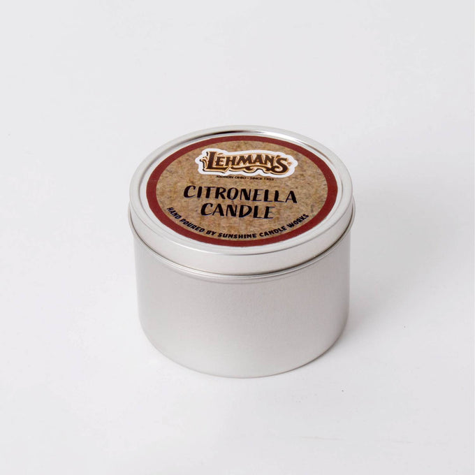 Compact hand-poured citronella candle in a silver tin, designed to repel mosquitoes, ideal for camping and outdoor use, featured in Camping, Pest Control, and Candles collections.