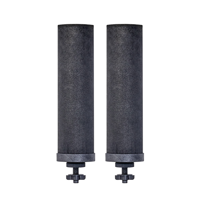 Two black cylindrical replacement filters designed for gravity-fed water filtration, suitable for appliances and water treatment, featured in best sellers and promo eligible collections.
