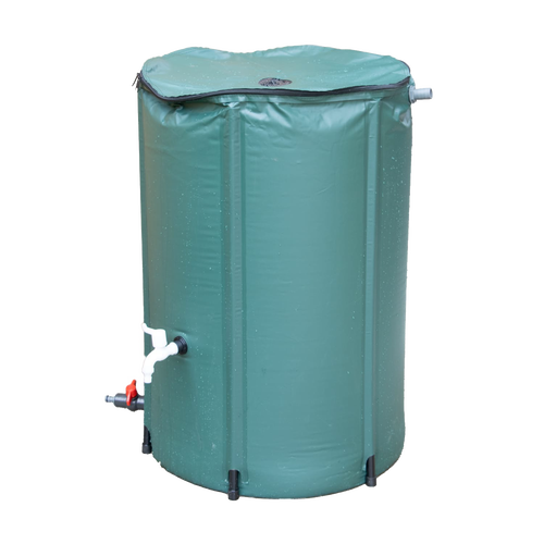 Collapsible green rain barrel with spigot and overflow valve, designed for water collection in garden and lawncare, featured in Farm, Garden & Tool and Best Sellers collections.