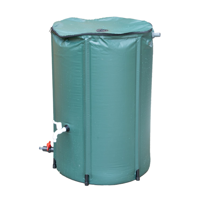 Collapsible green rain barrel with spigot and overflow valve, designed for water collection in garden and lawncare, featured in Farm, Garden & Tool and Best Sellers collections.