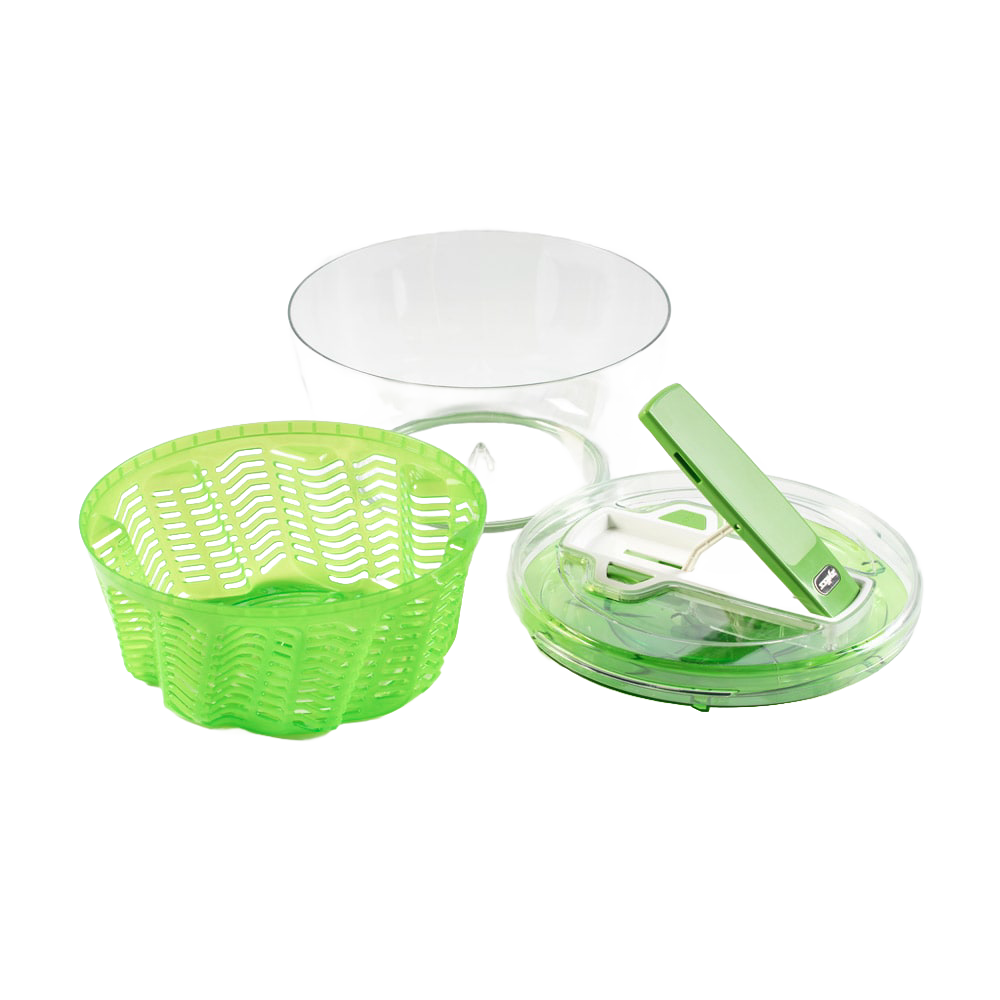 Disassembled large green and clear salad spinner with pump-action lever, contoured basket, and non-slip base, designed for Kitchen & Food, Kitchen Gadgets, and Best Sellers collections.