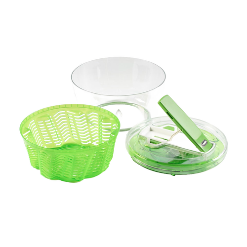 Disassembled large green and clear salad spinner with pump-action lever, contoured basket, and non-slip base, designed for Kitchen & Food, Kitchen Gadgets, and Best Sellers collections.