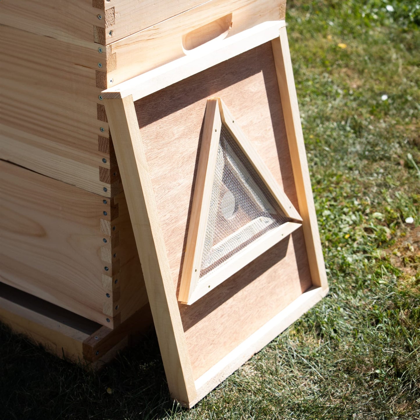 Handcrafted wooden bee escape board with a triangle maze design, made in the USA, leaning against a beehive on grass, perfect for chemical-free beekeeping in farm and garden tools.