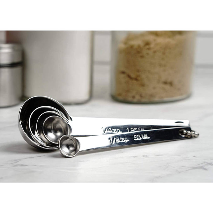 Set of five durable stainless steel measuring spoons linked together on a small ring, perfect for Kitchen & Food, Food Prep, Measuring, Best Sellers, and Promo Eligible collections.