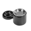 Glossy black stoneware container with matching lid removed, featuring a fine stainless steel mesh strainer inside, designed for storing grease in Kitchen & Food and Kitchen Gadgets collections.