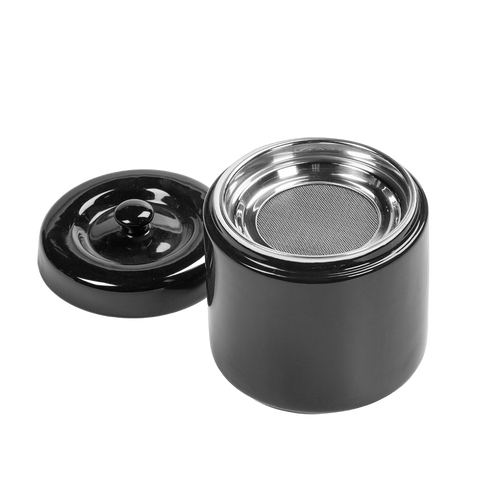 Glossy black stoneware container with matching lid removed, featuring a fine stainless steel mesh strainer inside, designed for storing grease in Kitchen & Food and Kitchen Gadgets collections.